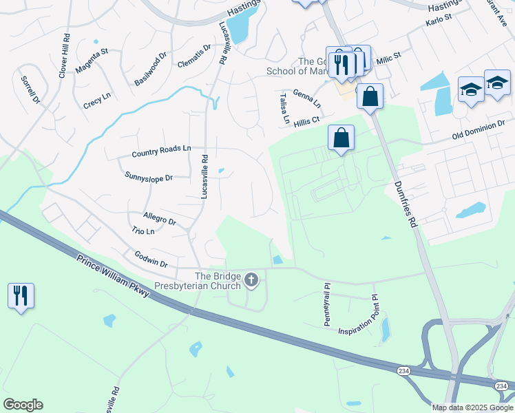 map of restaurants, bars, coffee shops, grocery stores, and more near 10625 Shady Creek Court in Manassas