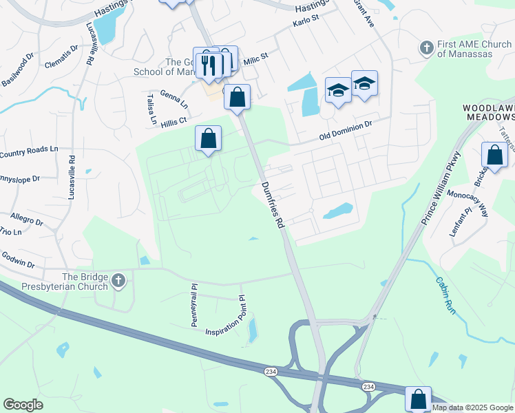 map of restaurants, bars, coffee shops, grocery stores, and more near 10720 Dumfries Road in Manassas