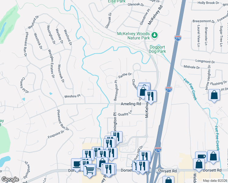 map of restaurants, bars, coffee shops, grocery stores, and more near 2321 Bennington Place in Maryland Heights