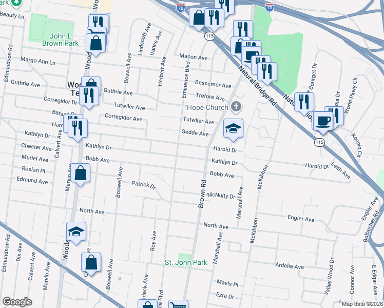 map of restaurants, bars, coffee shops, grocery stores, and more near 8933 Bobb Avenue in St. Louis