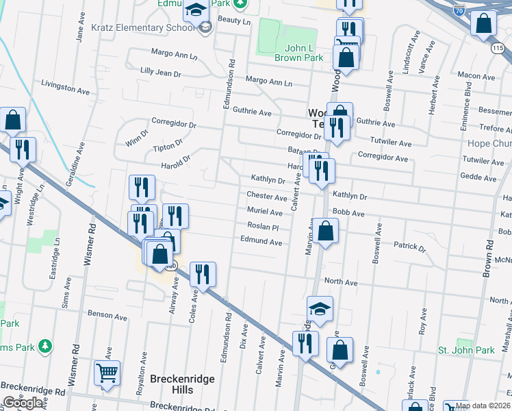 map of restaurants, bars, coffee shops, grocery stores, and more near 9447 Roslan Place in St. Louis