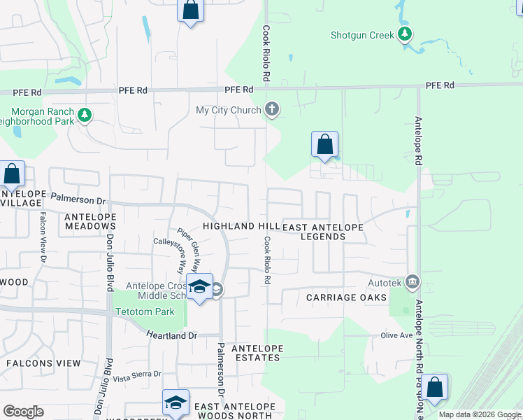 map of restaurants, bars, coffee shops, grocery stores, and more near 5523 Great Valley Drive in Antelope