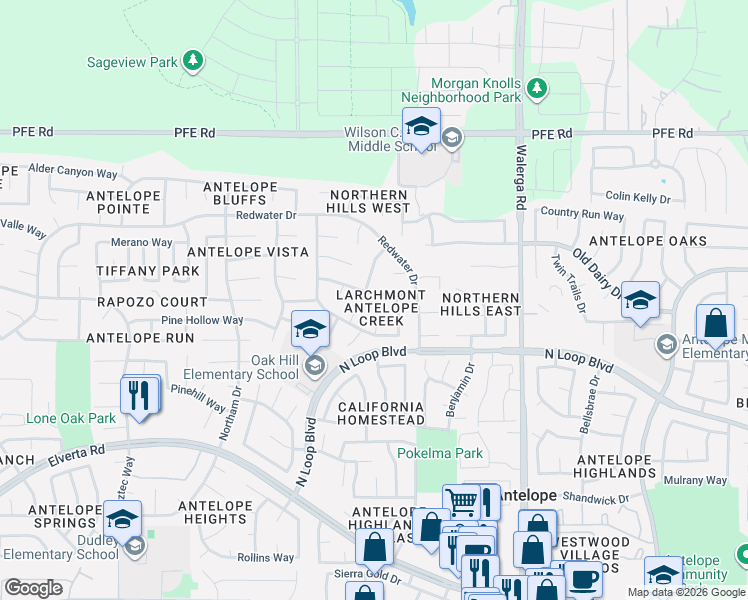 map of restaurants, bars, coffee shops, grocery stores, and more near 8427 Cedar Hill Court in Antelope