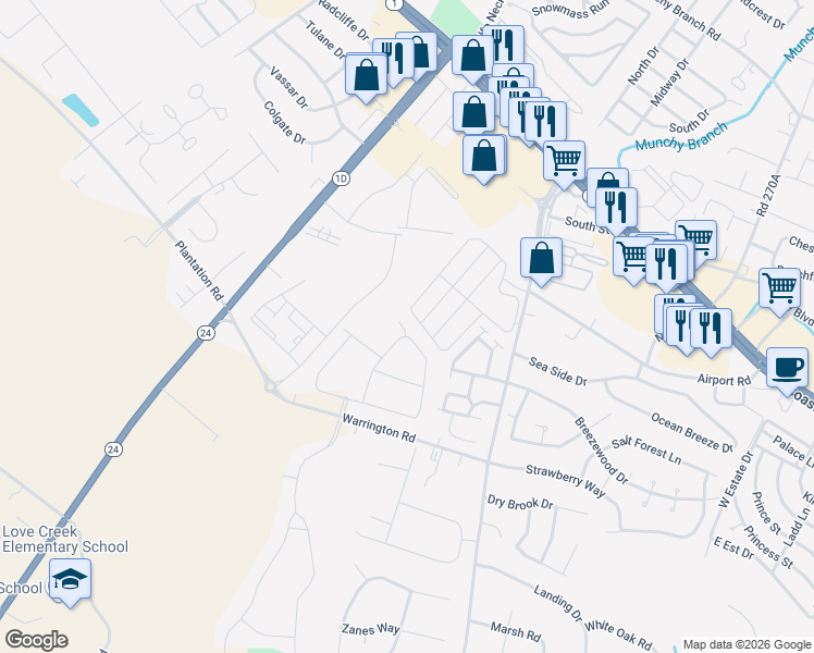 map of restaurants, bars, coffee shops, grocery stores, and more near 34375 Bronze Street in Rehoboth Beach
