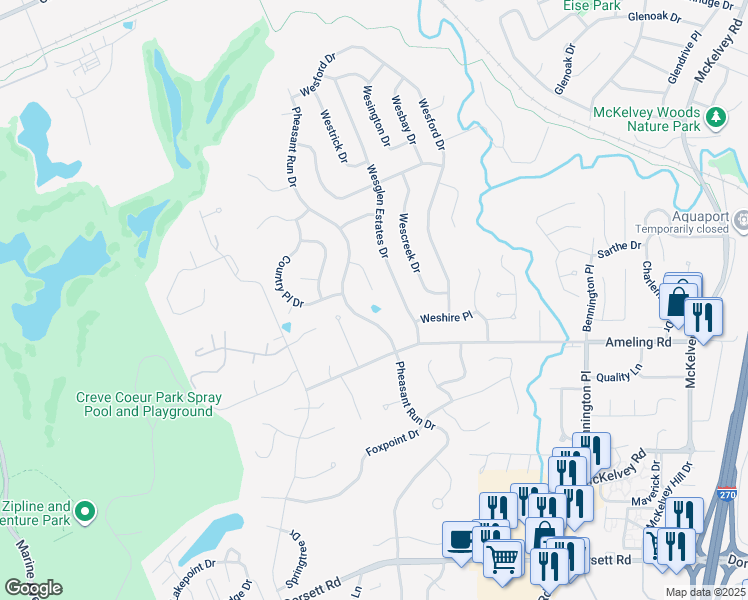 map of restaurants, bars, coffee shops, grocery stores, and more near 2340 Charter Wood Court in Maryland Heights