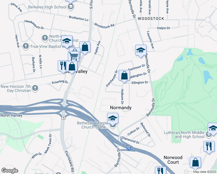 map of restaurants, bars, coffee shops, grocery stores, and more near 5646 Parchester Drive in St. Louis