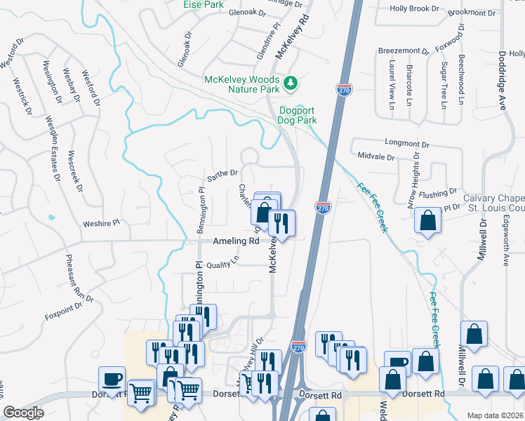 map of restaurants, bars, coffee shops, grocery stores, and more near 11818 Sologne Court in Maryland Heights