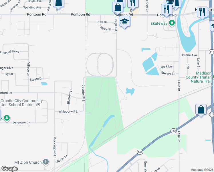 map of restaurants, bars, coffee shops, grocery stores, and more near 1 Legacy Drive in Granite City