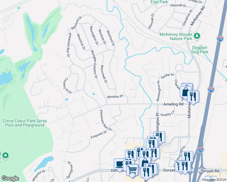 map of restaurants, bars, coffee shops, grocery stores, and more near 2313 Wesford Drive in Maryland Heights