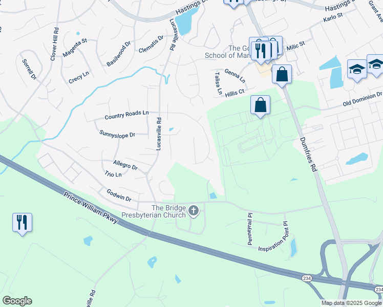 map of restaurants, bars, coffee shops, grocery stores, and more near 10620 Shady Creek Court in Manassas