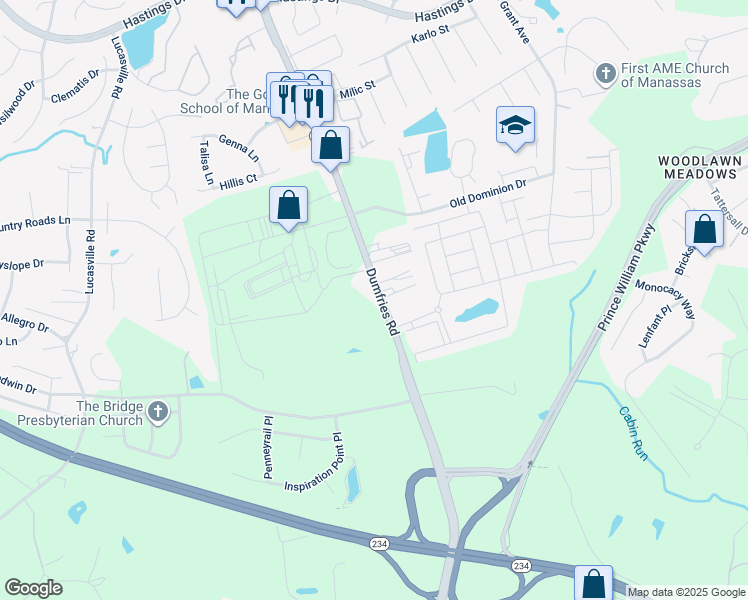 map of restaurants, bars, coffee shops, grocery stores, and more near 10720 Dumfries Road in Manassas