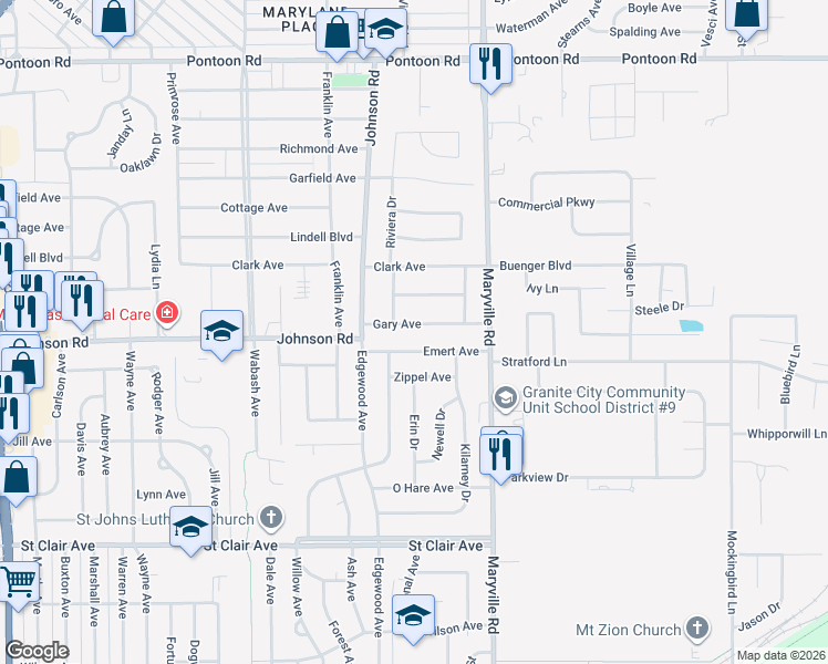 map of restaurants, bars, coffee shops, grocery stores, and more near 2315 Gary Avenue in Granite City
