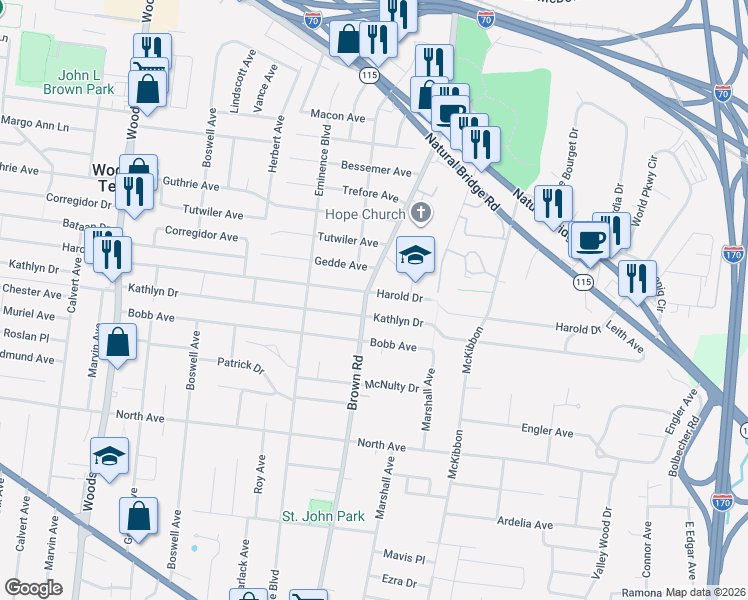 map of restaurants, bars, coffee shops, grocery stores, and more near 3835 Brown Road in Berkeley