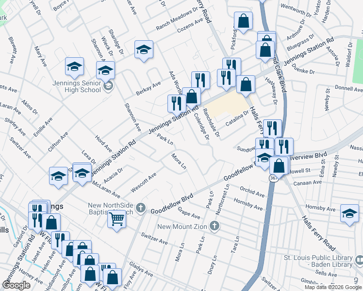 map of restaurants, bars, coffee shops, grocery stores, and more near 2022 Judy Court in Jennings