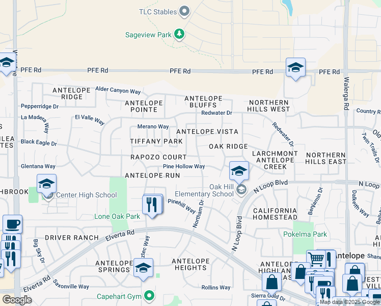 map of restaurants, bars, coffee shops, grocery stores, and more near 8534 Shadow Crest Circle in Antelope
