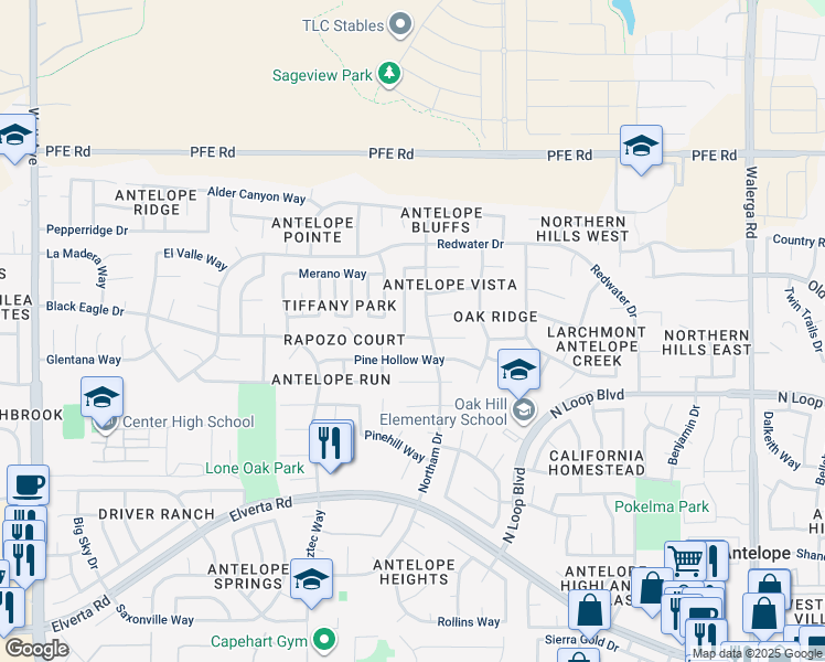 map of restaurants, bars, coffee shops, grocery stores, and more near 8534 Shadow Crest Circle in Antelope