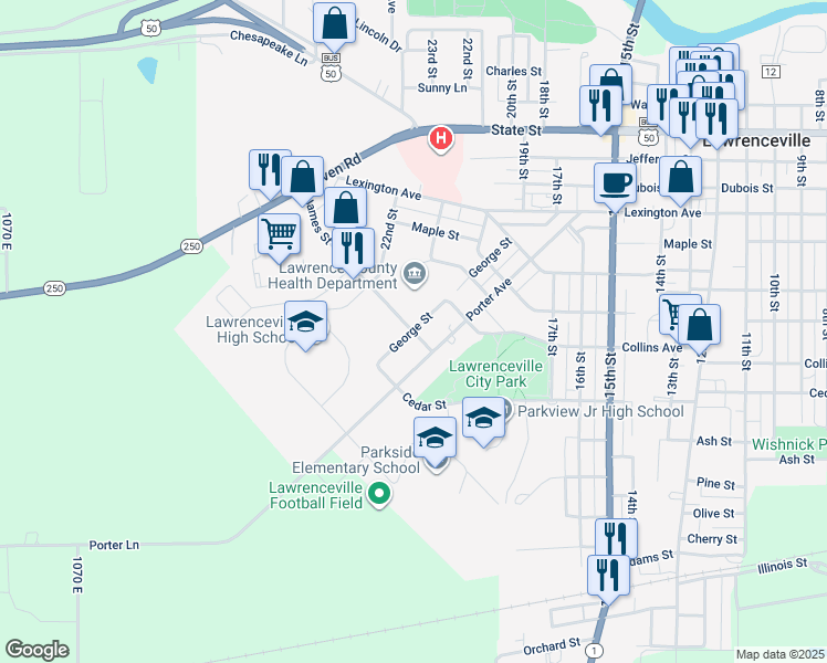 map of restaurants, bars, coffee shops, grocery stores, and more near 2110 James Street in Lawrenceville