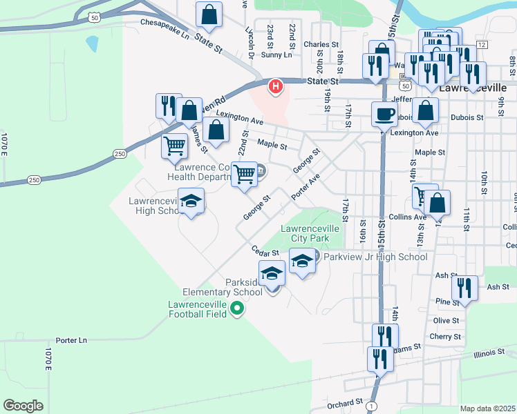 map of restaurants, bars, coffee shops, grocery stores, and more near 2110 James Street in Lawrenceville