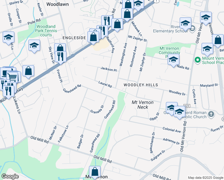 map of restaurants, bars, coffee shops, grocery stores, and more near 4221 Laurel Road in Alexandria
