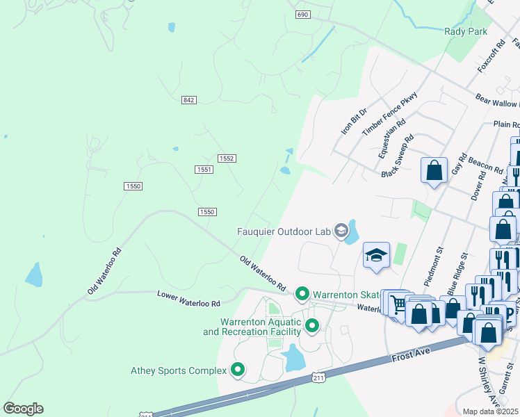 map of restaurants, bars, coffee shops, grocery stores, and more near 7493 Admiral Nelson Drive in Warrenton