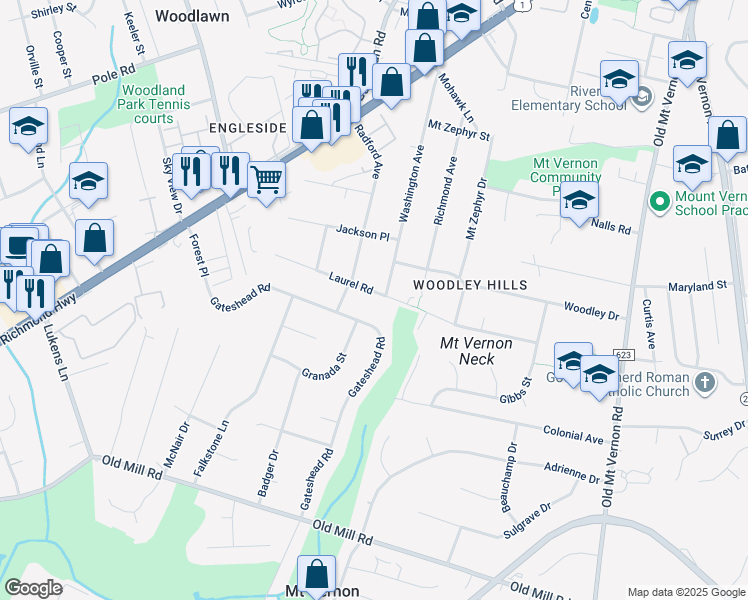 map of restaurants, bars, coffee shops, grocery stores, and more near 4221 Laurel Road in Alexandria