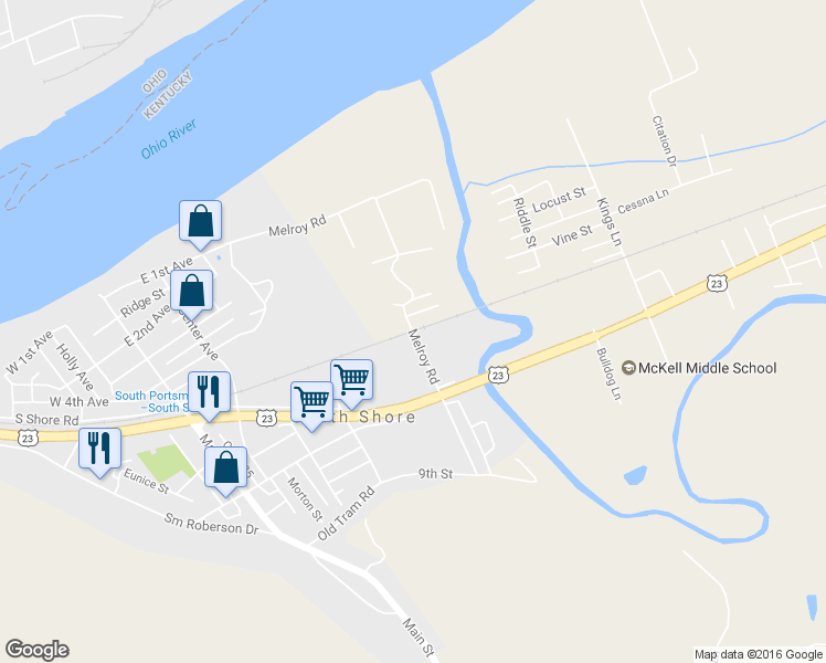 map of restaurants, bars, coffee shops, grocery stores, and more near Melroy Rd in South Shore