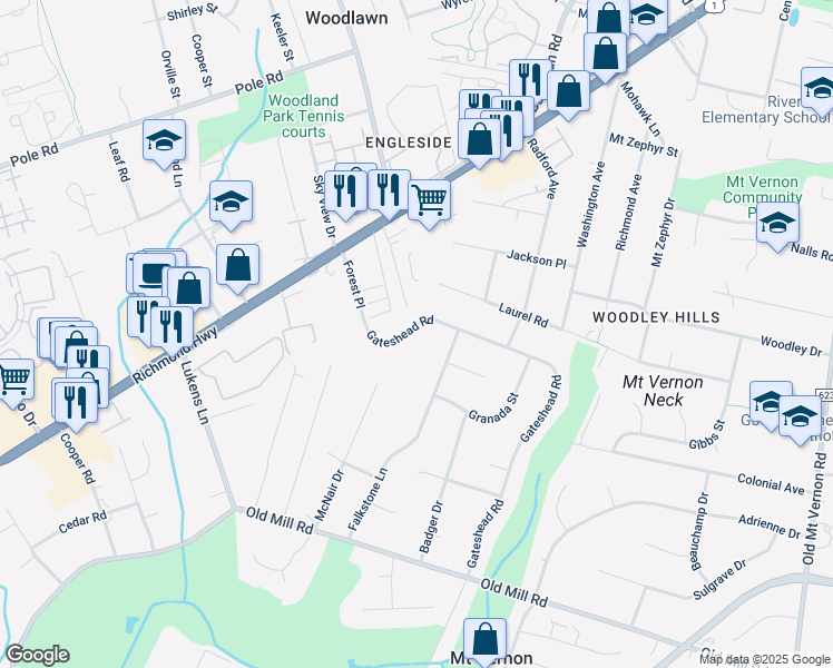 map of restaurants, bars, coffee shops, grocery stores, and more near 8614 Gateshead Road in Alexandria