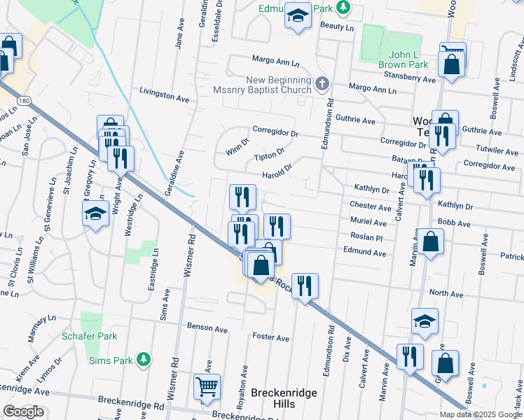 map of restaurants, bars, coffee shops, grocery stores, and more near 9722 Lynntown Court in Breckenridge Hills
