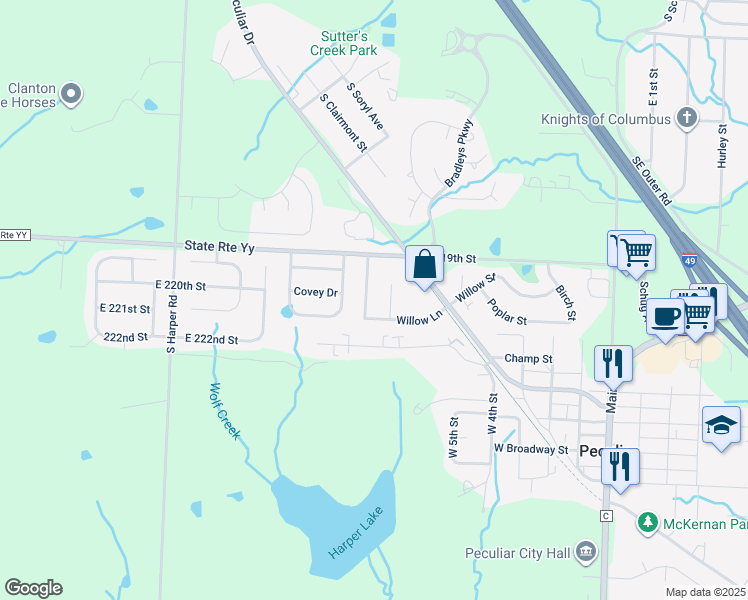 map of restaurants, bars, coffee shops, grocery stores, and more near 711A Meadow Court in Peculiar