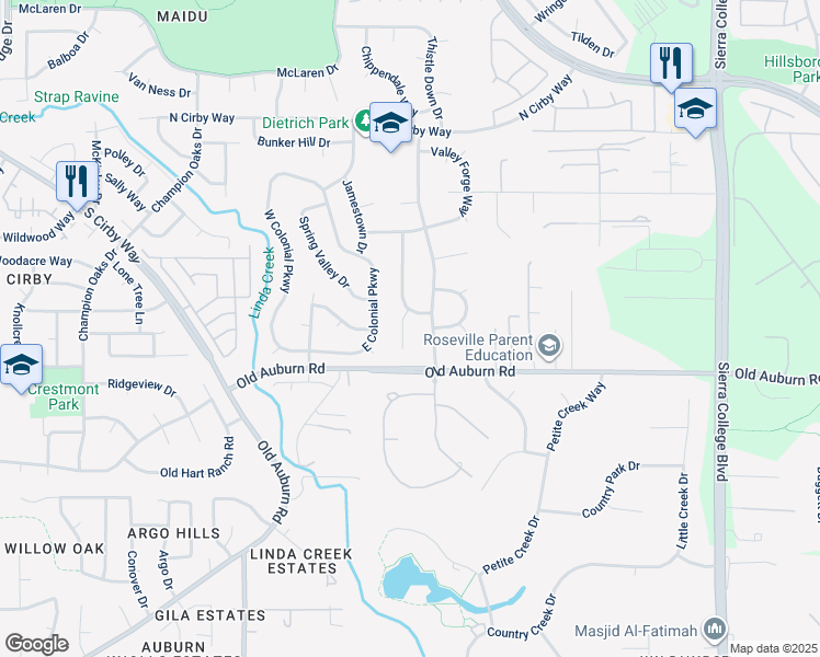 map of restaurants, bars, coffee shops, grocery stores, and more near 1333 Ridge Dale Court in Roseville