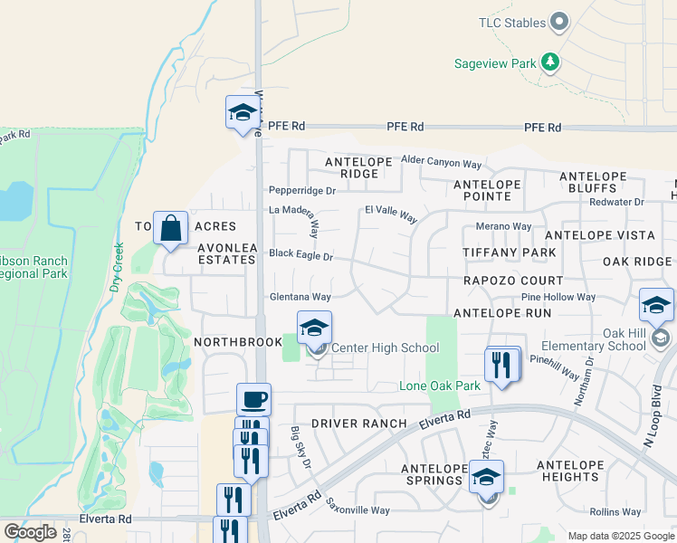 map of restaurants, bars, coffee shops, grocery stores, and more near 3204 Black Eagle Drive in Antelope
