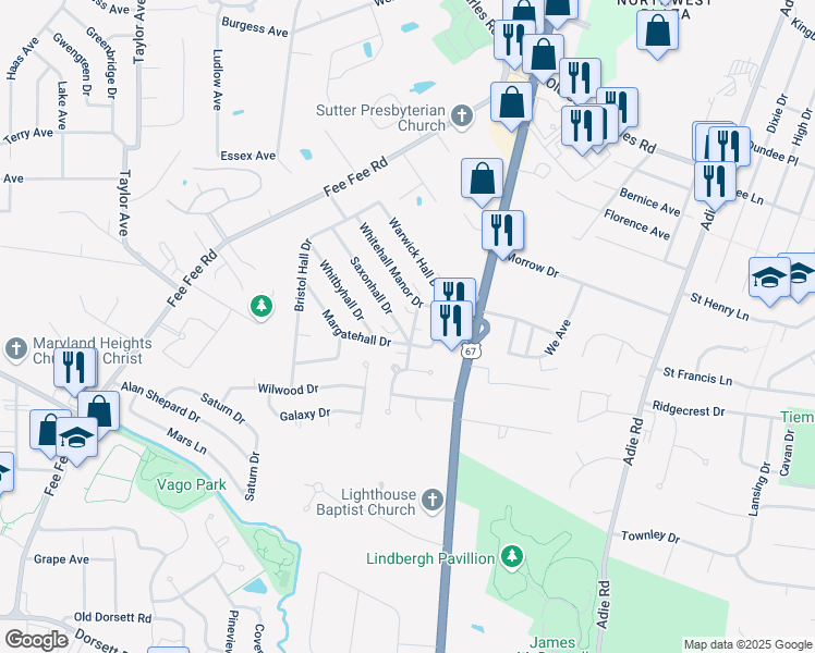 map of restaurants, bars, coffee shops, grocery stores, and more near 10967 Whitehall Manor Drive in Bridgeton