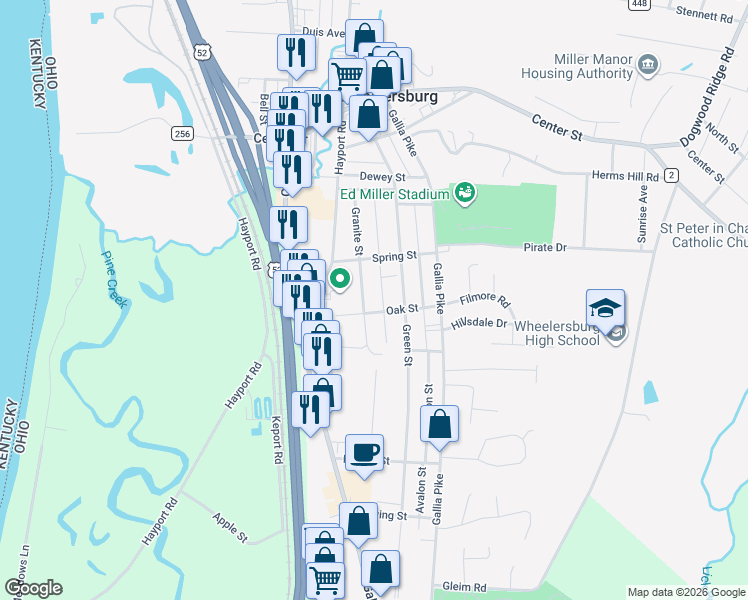 map of restaurants, bars, coffee shops, grocery stores, and more near 8425 Green Street in Wheelersburg