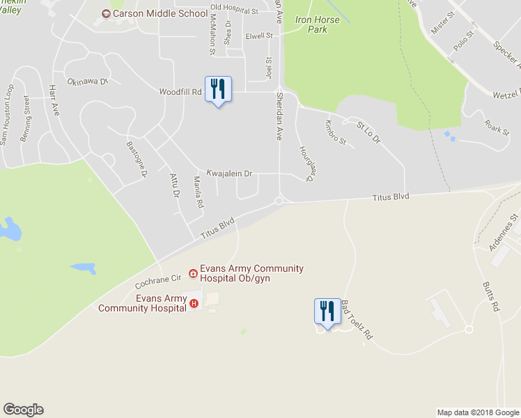 map of restaurants, bars, coffee shops, grocery stores, and more near Titus Boulevard in Fort Carson