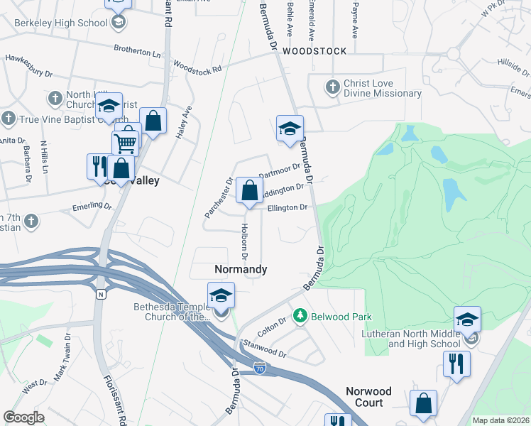 map of restaurants, bars, coffee shops, grocery stores, and more near 7760 Ellington Drive in St. Louis