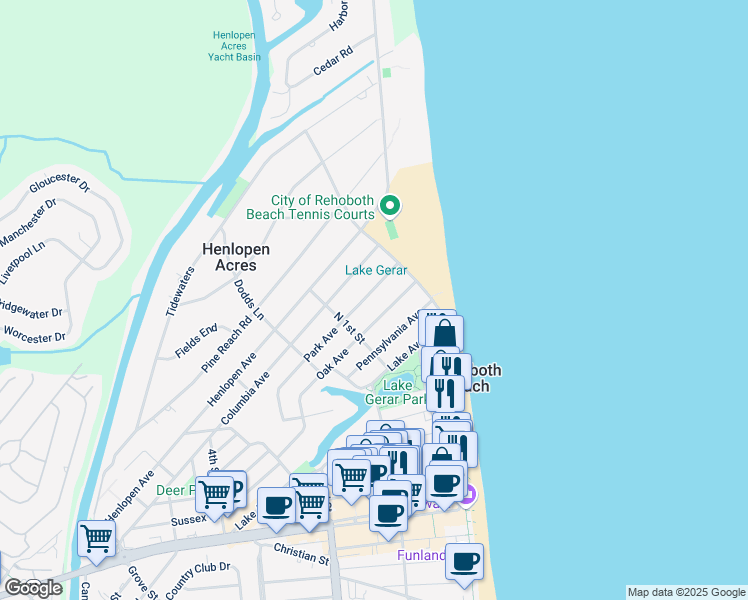 map of restaurants, bars, coffee shops, grocery stores, and more near 10 Park Avenue in Rehoboth Beach