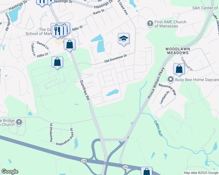 map of restaurants, bars, coffee shops, grocery stores, and more near 8942 Englewood Farms Drive in Manassas