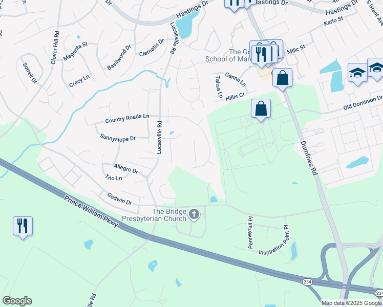 map of restaurants, bars, coffee shops, grocery stores, and more near 10616 Shady Creek Court in Manassas