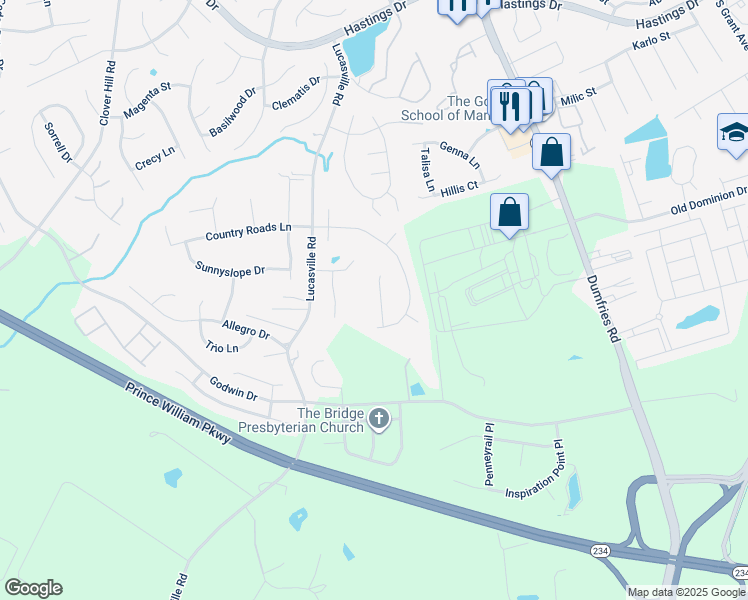 map of restaurants, bars, coffee shops, grocery stores, and more near 10616 Shady Creek Court in Manassas
