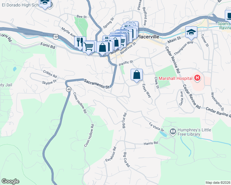 map of restaurants, bars, coffee shops, grocery stores, and more near 815 Phillip Court in Placerville