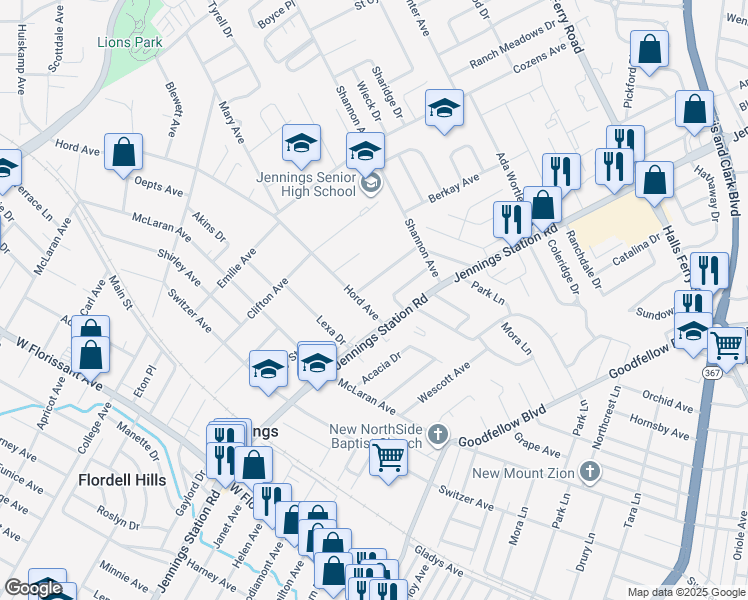 map of restaurants, bars, coffee shops, grocery stores, and more near 8804 May Avenue in Jennings