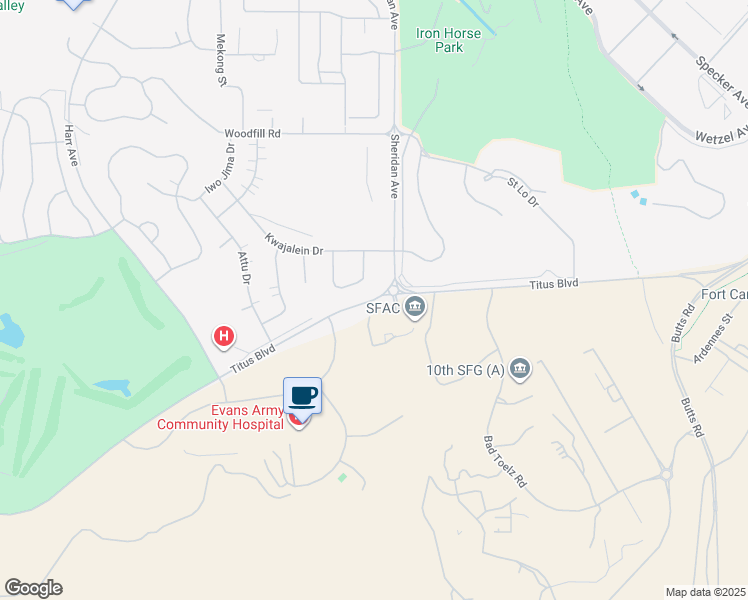 map of restaurants, bars, coffee shops, grocery stores, and more near Titus Boulevard in Fort Carson