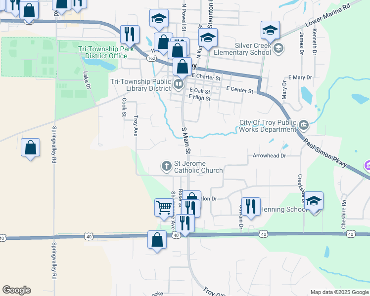map of restaurants, bars, coffee shops, grocery stores, and more near 414 South Main Street in Troy