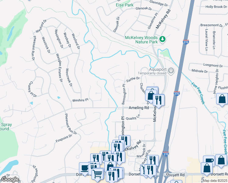 map of restaurants, bars, coffee shops, grocery stores, and more near 2401 Sarthe Court in Maryland Heights