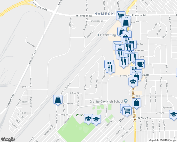 map of restaurants, bars, coffee shops, grocery stores, and more near 3168 Yale Drive in Granite City