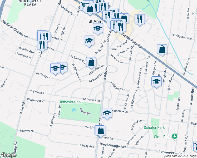 map of restaurants, bars, coffee shops, grocery stores, and more near 10535 Saint Xavier Lane in Saint Ann
