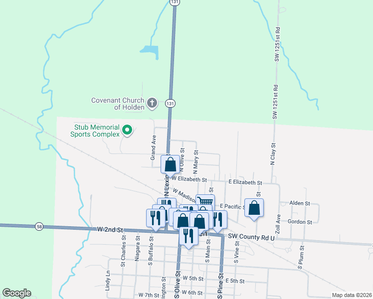 map of restaurants, bars, coffee shops, grocery stores, and more near 509 North Olive Street in Holden