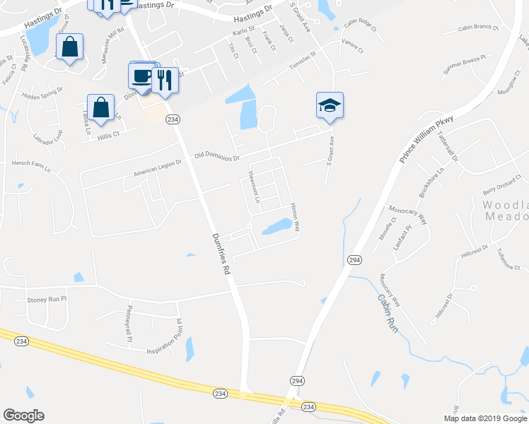 map of restaurants, bars, coffee shops, grocery stores, and more near 8947 Englewood Farms Drive in Manassas