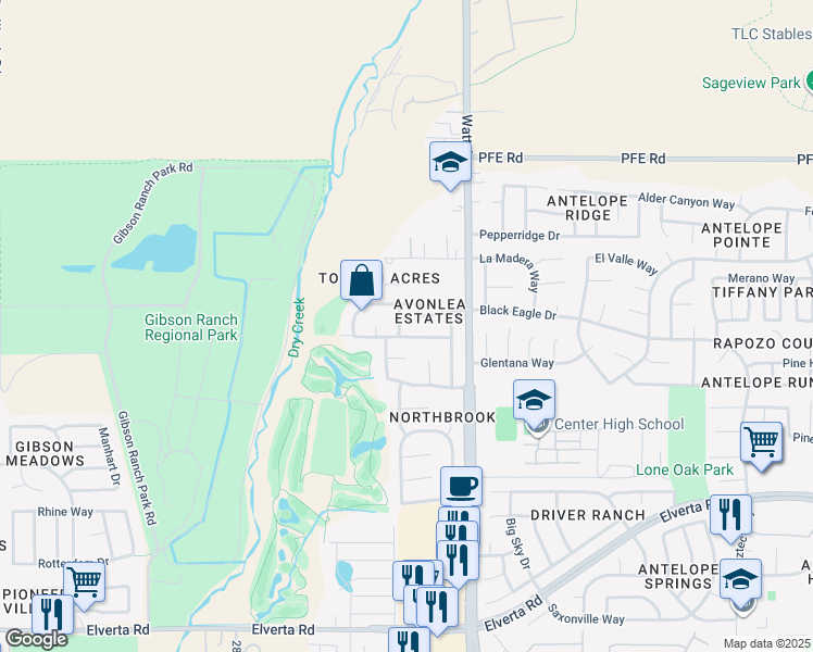 map of restaurants, bars, coffee shops, grocery stores, and more near 8512 Forsythia Way in Antelope