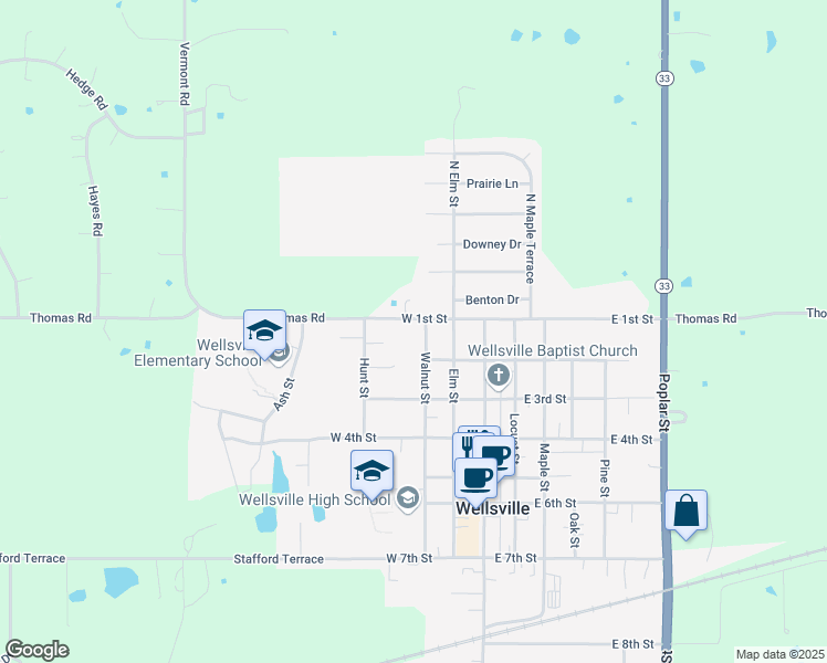 map of restaurants, bars, coffee shops, grocery stores, and more near 102 Walnut Street in Wellsville